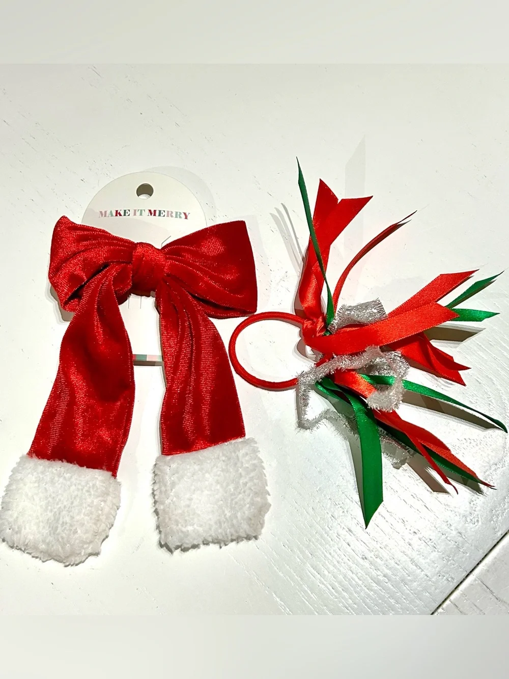 Santa Bow barrette (NEW) & Christmas Ribbon Hair Tie Hair Girls Accessory Set